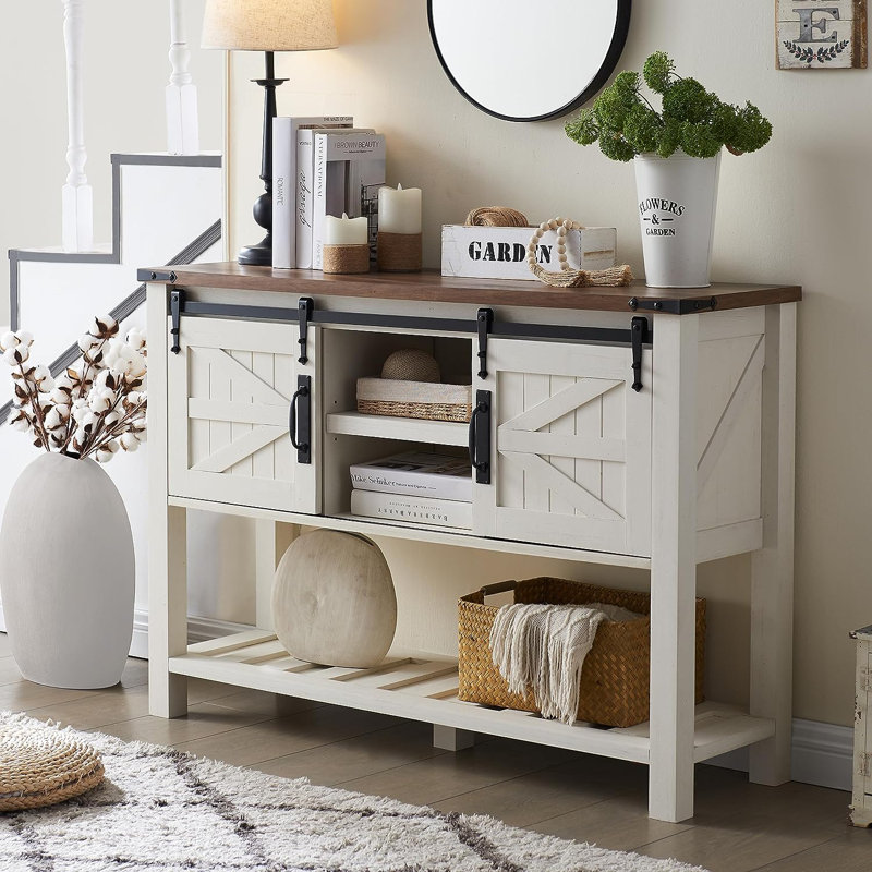 Brown wood console table with sliding doors cheap